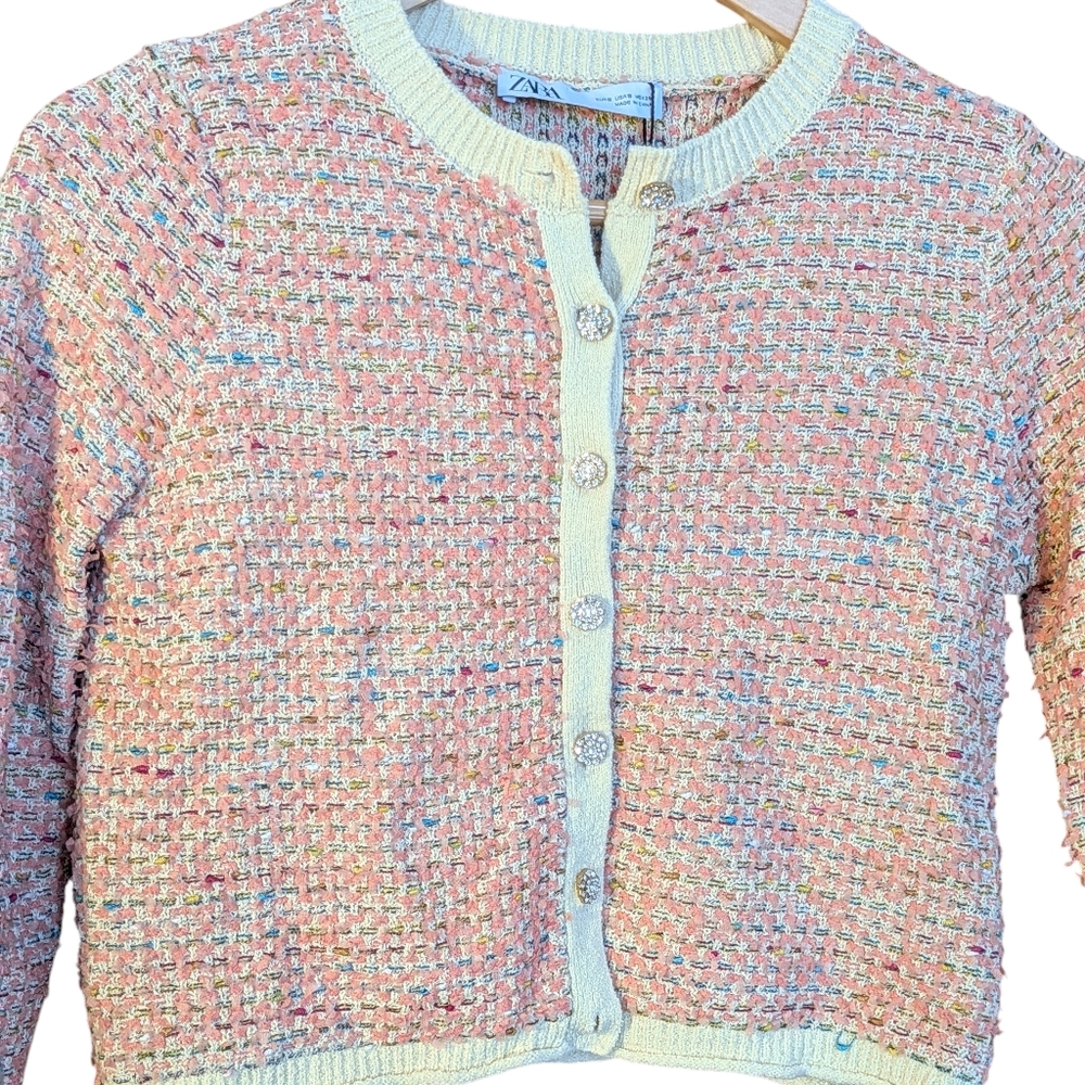 NWT Zara Women's Pink Tweed Cardigan S Cropped Rhinestone Button Business Casual - Picture 2 of 7